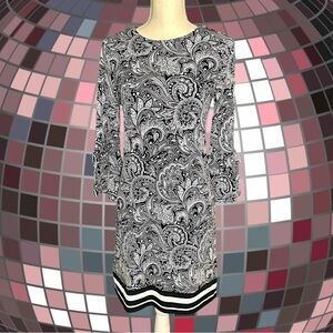 NWT MICHAEL Michael Kors Black & White Paisley Bell Sleeve Shift Dress Size XS